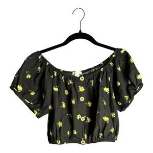 Eberjey Black Cropped Top Yellow Floral Print Buttoned Front Size Large